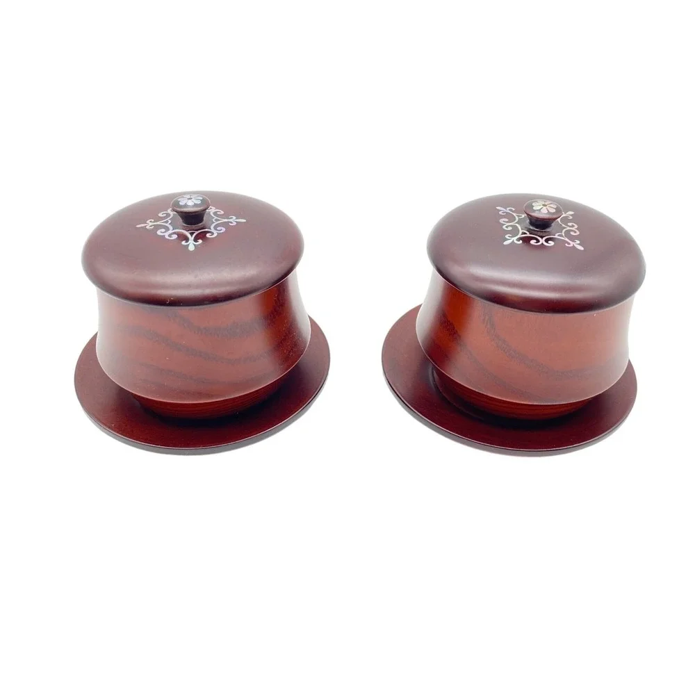 Wooden lidded vanity trinket dish jar Mother of pearl inlay mahogany turned poli